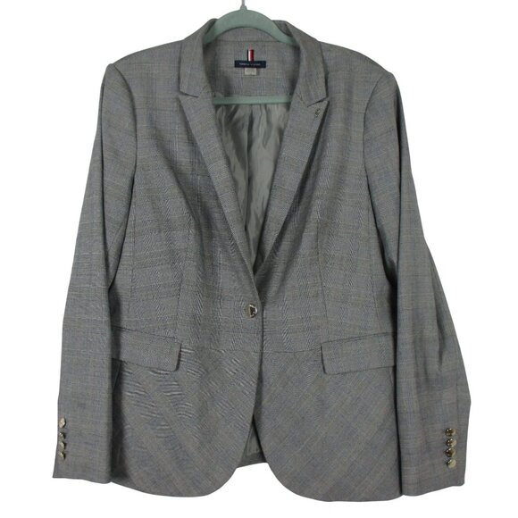 Tommy Hilfiger Blazer Jacket Size 16 1 Button Gray Blue Plaid Preppy Ivy League - Picture 1 of 8